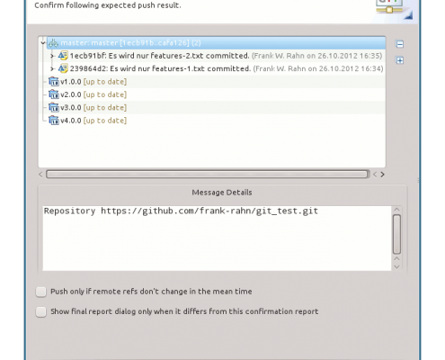 Push Repository nach GitHub mit Eclipse: Die Kontrollanzeige der hochzuladenen Commits