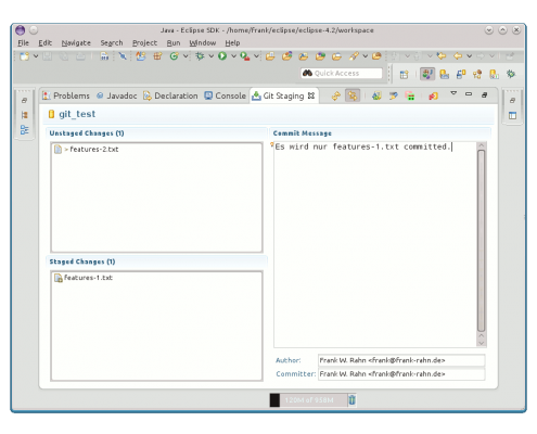 Git Staging mit Eclipse EGit: Die erste Datei wird committet